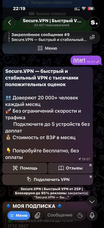 Бот Secure.VPN в Telegram: приветствие и кнопка «Подключить VPN»