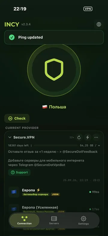 Подписка Secure.VPN в приложении INCY на iPhone